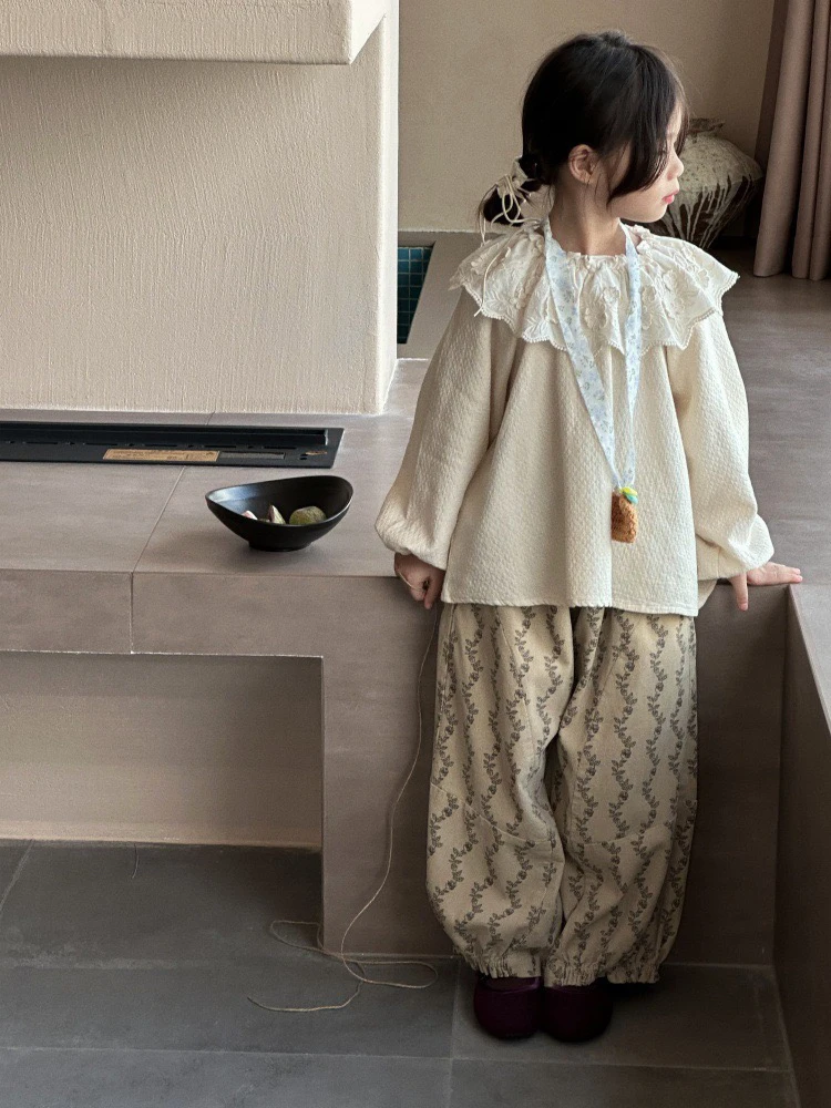 童裤2024秋装新款女童韩版设计款裤子女宝宝满版印花灯芯绒直筒裤