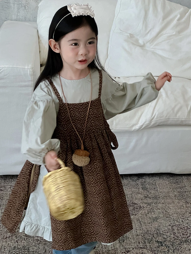 童装儿童格子吊带罩衫2024秋季新款韩版女童吊带系绳罩衣裙