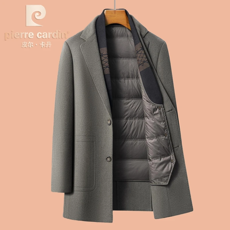 皮尔卡丹羊毛大衣男冬季翻领羽绒内胆加厚男士休闲毛呢外套爸爸装