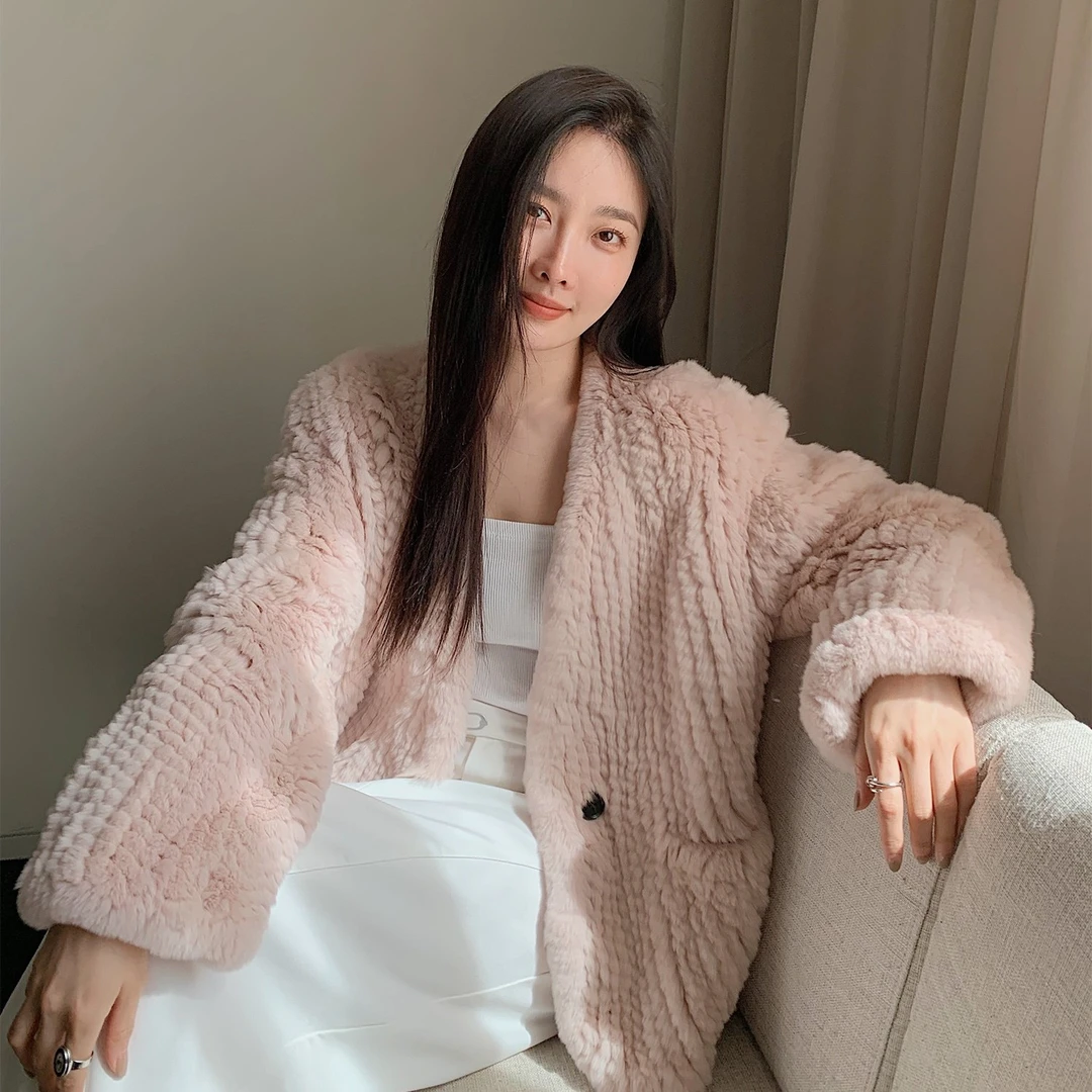 付智恩 进口兔毛编织外套女中长款甜美獭兔毛皮草冬季时尚