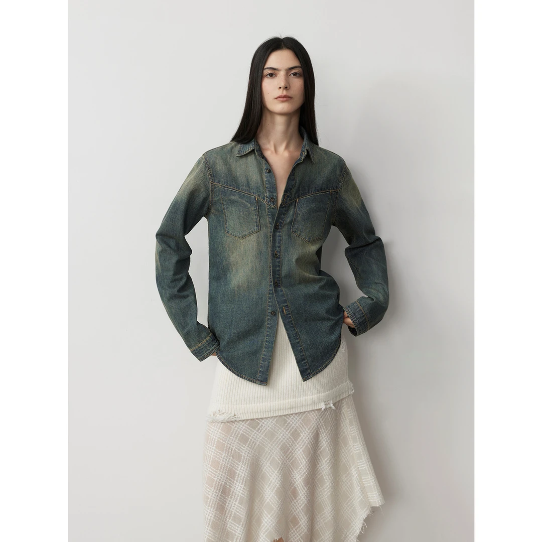 付智恩 美式复古随性水洗翻领宽松实穿百搭休闲薄款牛仔衬衫早秋