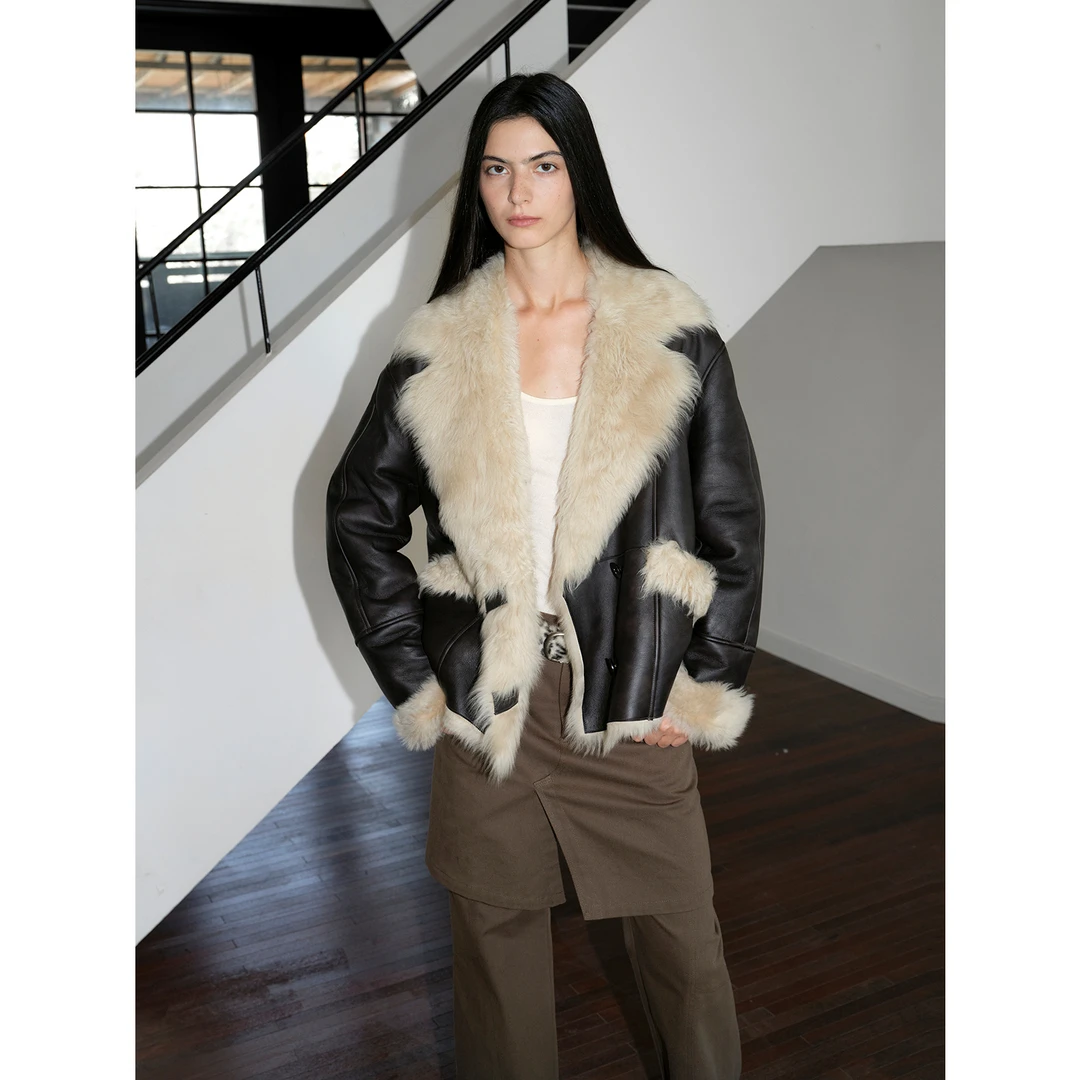 付智恩 秋日型格 西装大翻领卷毛托斯卡纳皮毛一体皮草外套女冬