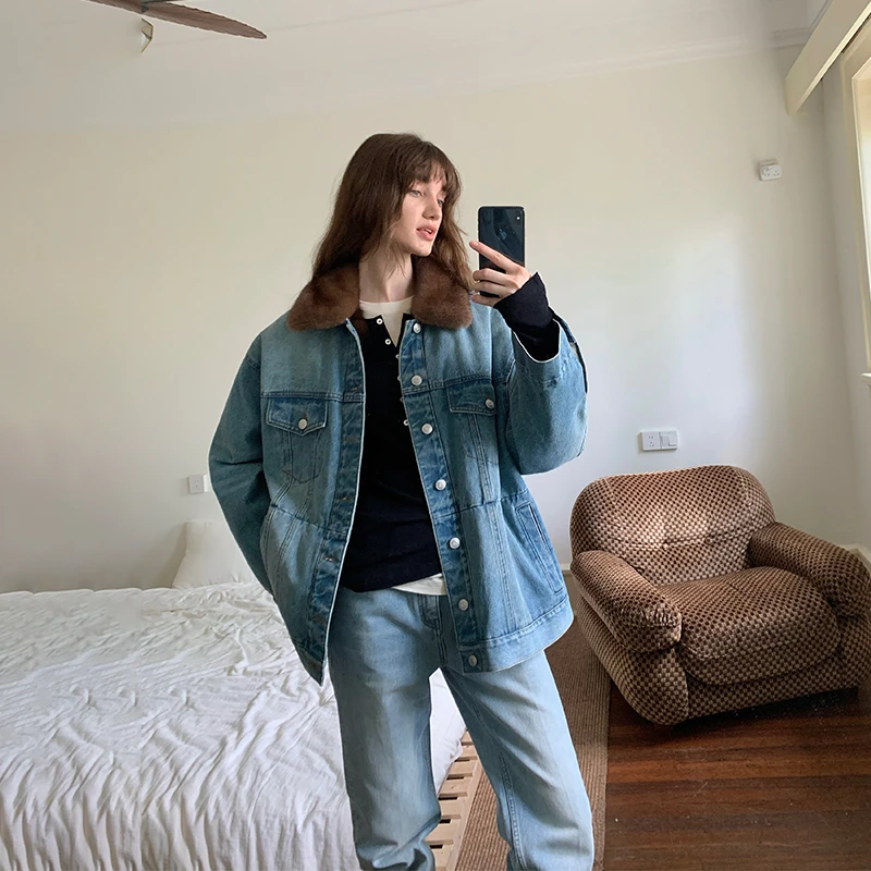 FIRELADY FUR 经典复古廓形时髦紫貂牛仔派克外套