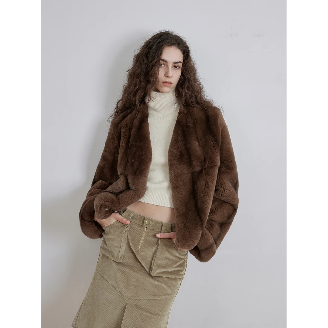 FIRELADY FUR 中古风喷条撞色獭兔毛皮草V领轻奢皮毛一体外套