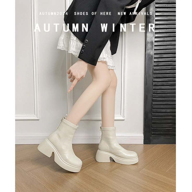 厚底切尔西短靴女2024新款秋冬季加绒烟筒靴女靴短靴女显瘦增高弹