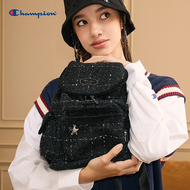 Champion毛绒双肩包女士2024冬季新款复古潮流膨膨包休闲百搭背包