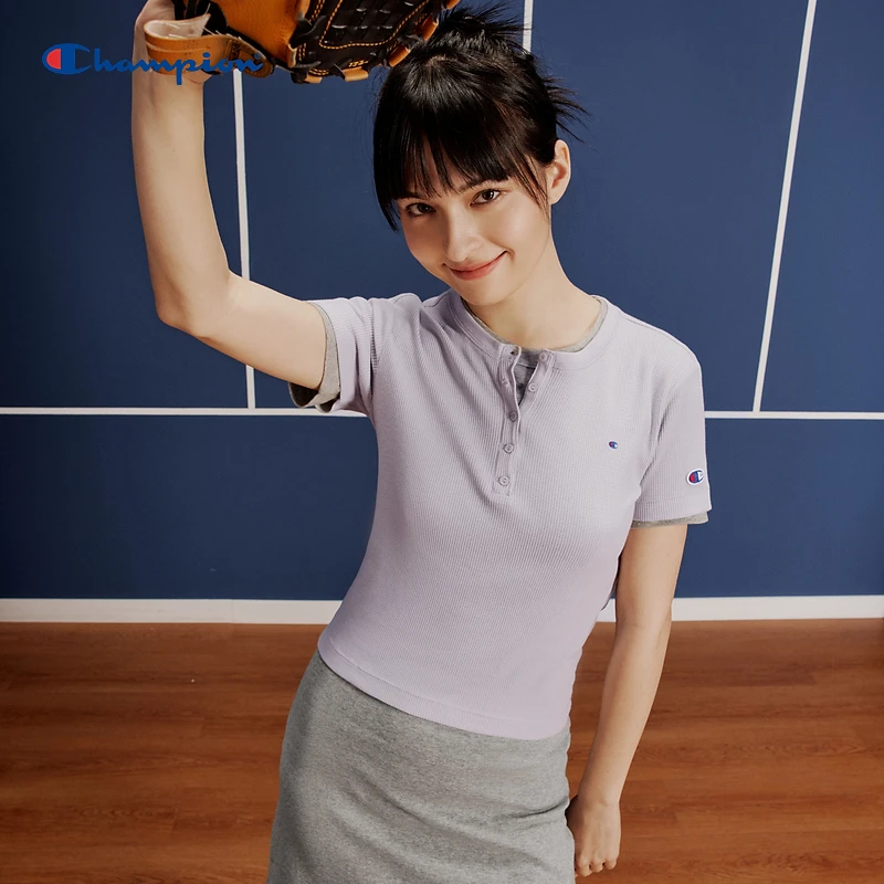 Champion华夫格短袖T恤2024春夏新款时尚显瘦修身针织短袖上衣