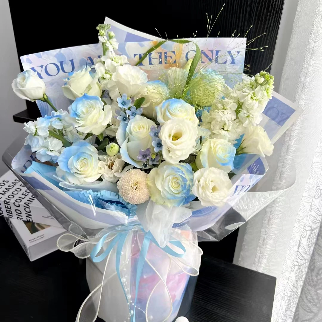 北岸初晴（9朵碎冰蓝玫瑰韩式混搭花束送女友闺蜜节日礼物花店送花上门同城配送小时达）