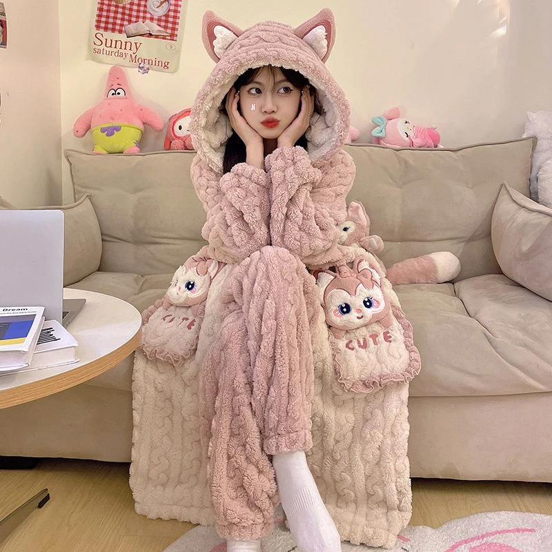 【小扬哥专属】秋冬季珊瑚绒睡衣女士珊瑚绒加绒加厚保暖睡袍长款