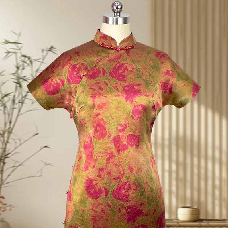 沐瑶  玲珑娇高端旗袍40姆米年轻款香云纱手工全开襟旗袍国风夏季