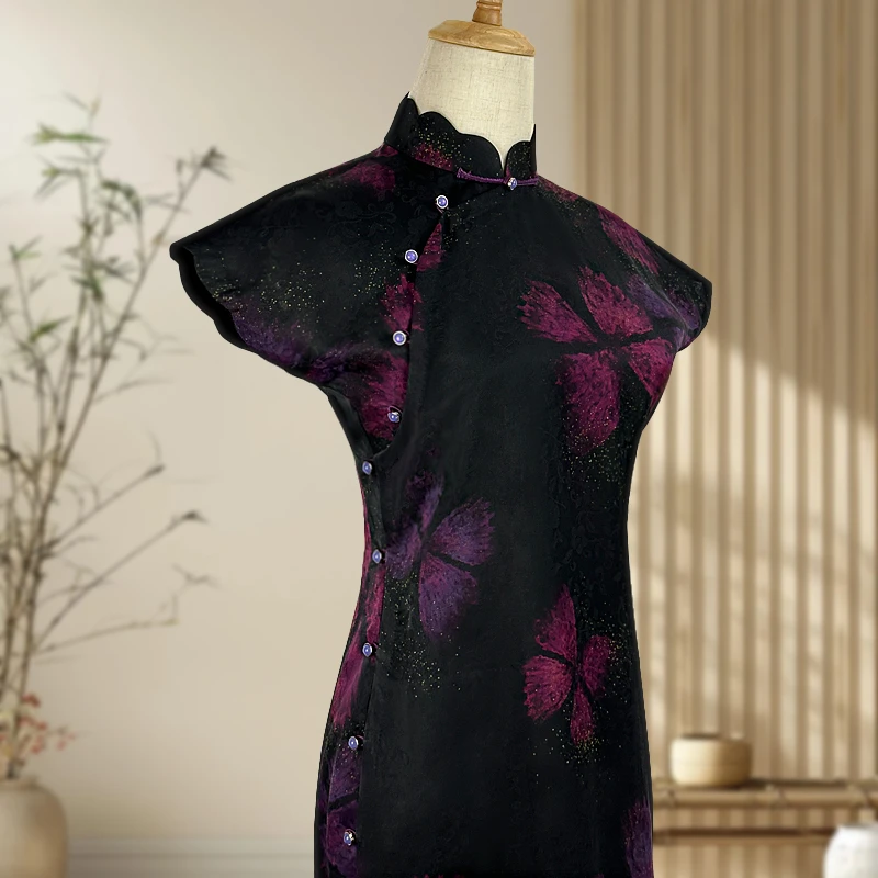 栩蝶 玲珑娇桑蚕丝手工全开襟旗袍古风古韵气质日常2024新款夏季