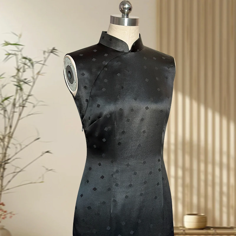 澜夜 玲珑娇高端旗袍国风桑蚕丝香云纱手工全开襟无袖港风日常