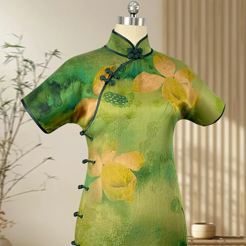 荷塘月色 玲珑娇30姆米红云纱花萝手工真丝平裁旗袍古风古韵旗袍