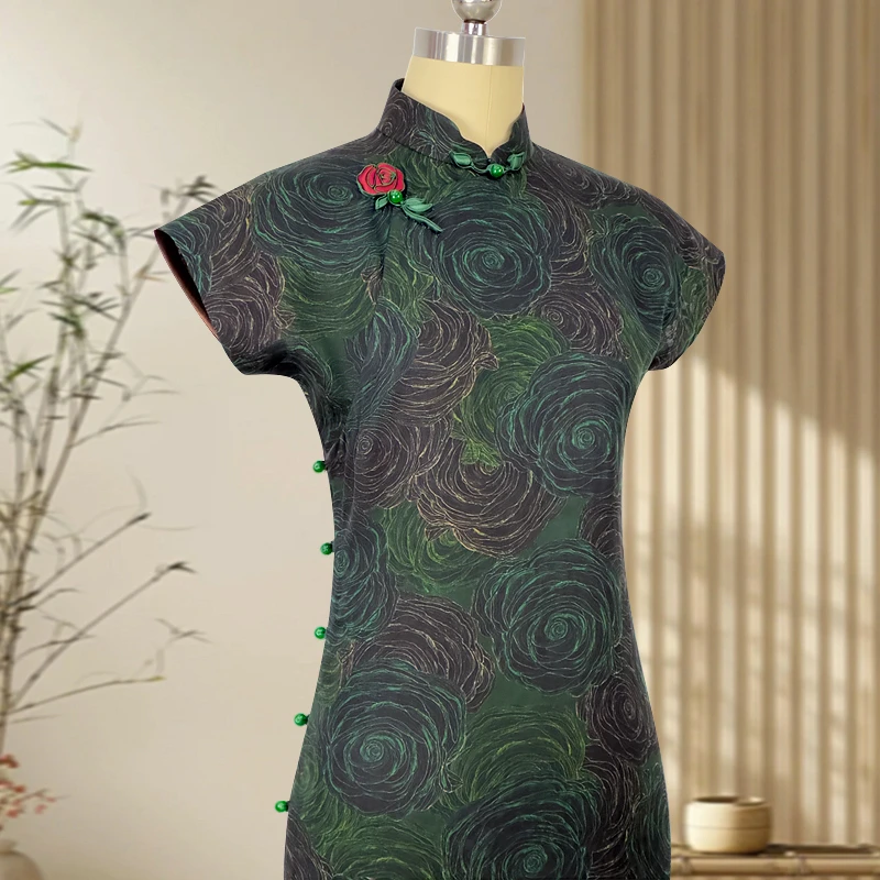 繁花 玲珑娇旗袍香云纱手工全开襟一片式平裁短袖复古日常