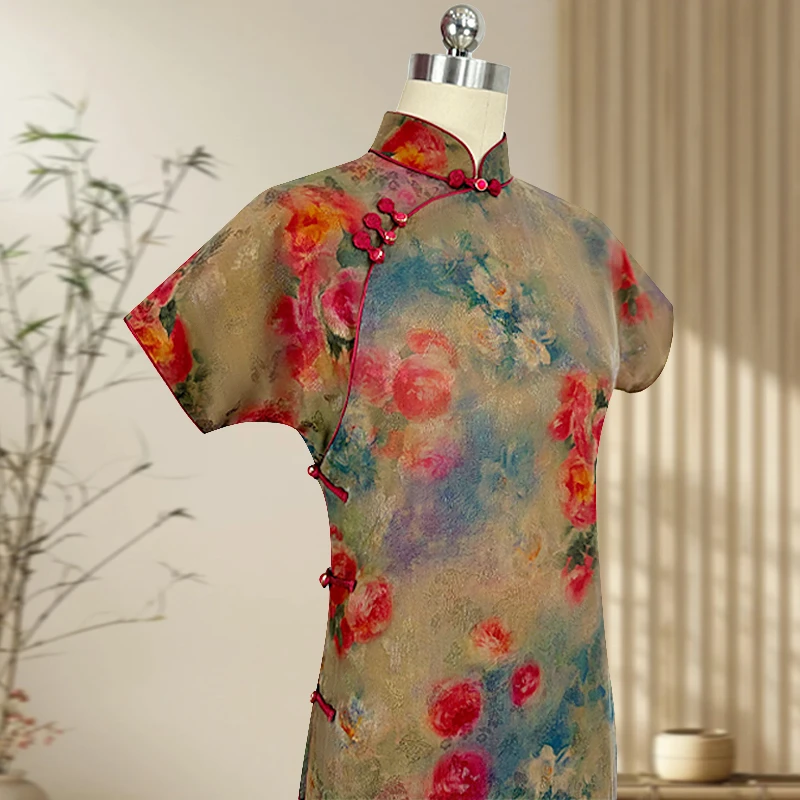 初薇 玲珑娇桑蚕丝手工全开襟一片式平裁旗袍单层古风古韵夏季