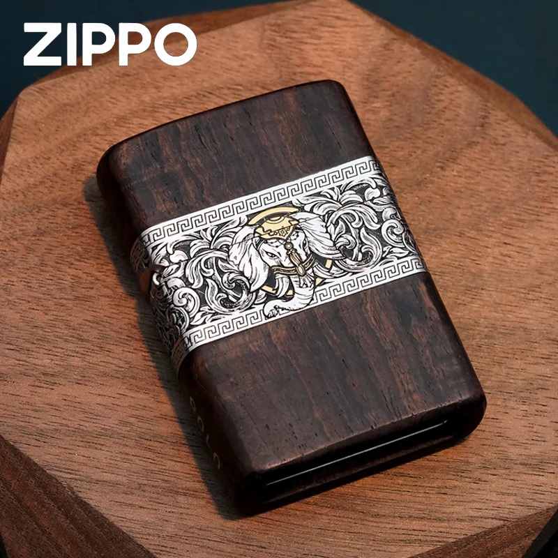ZIPPO如意吉象 正品芝宝防风打火机九朽错金银木纹紫光檀木男送礼