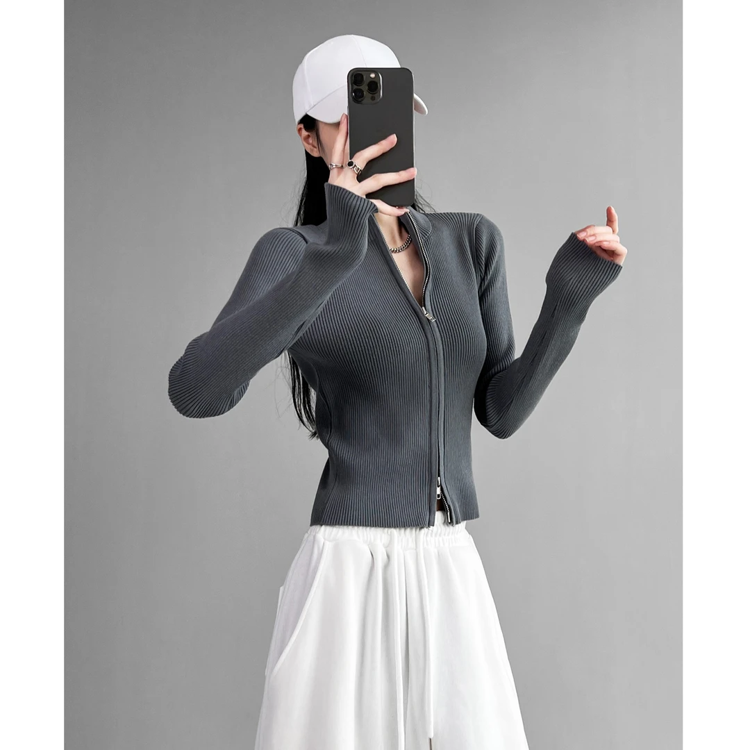 动感少女美式立领条纹针织开衫秋冬修身显瘦双拉链毛外套长袖上衣