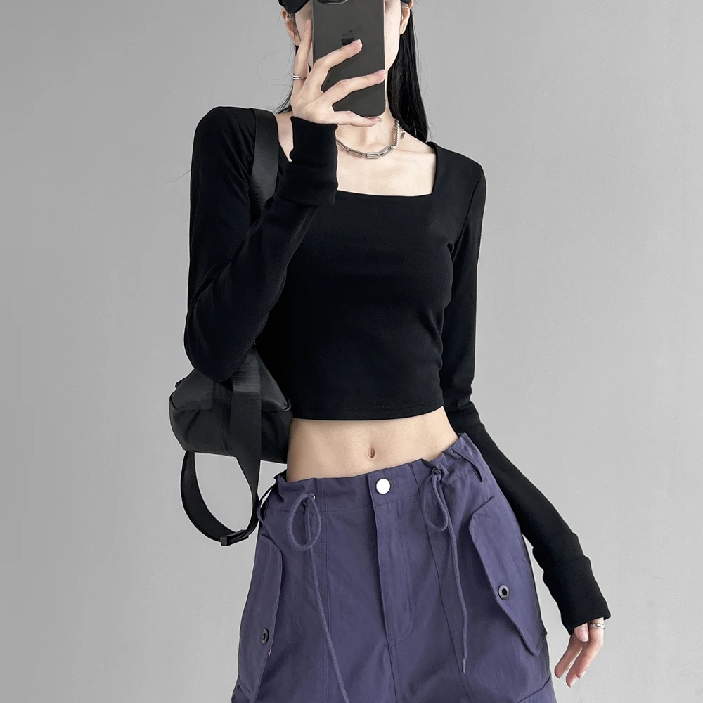 动感少女欧美风秋季百搭子弹力打底衫修身显瘦纯欲大方领长袖T恤