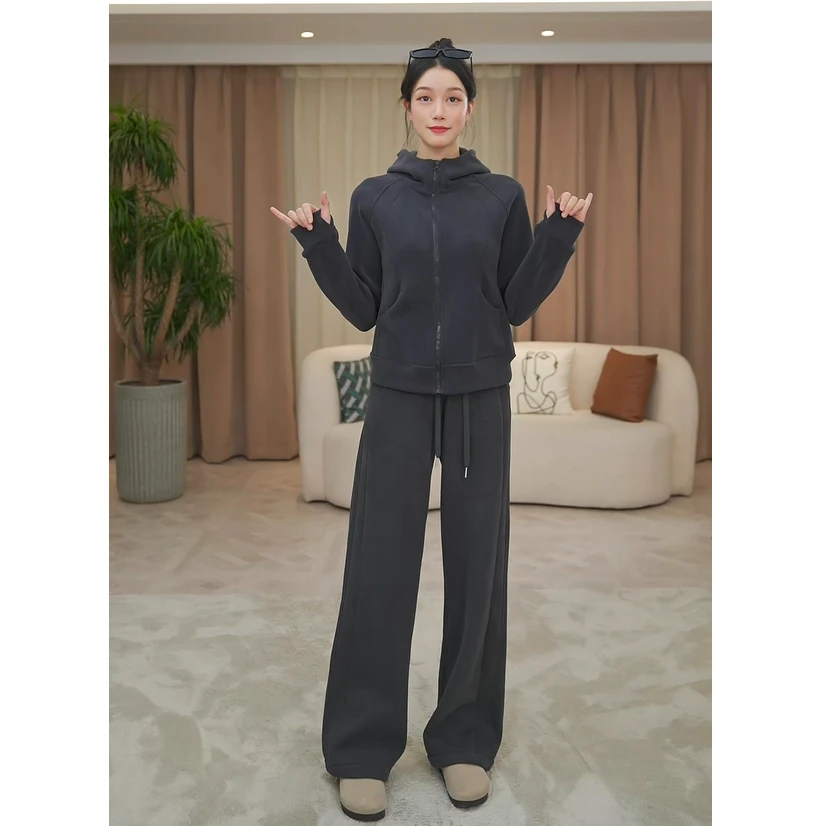动感少女冬季新款显瘦加绒加厚运动裤+外套休闲宽松外穿套装连帽