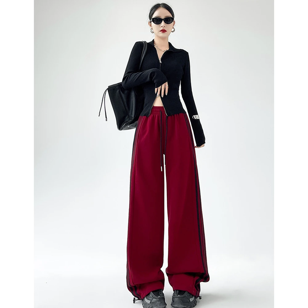 动感少女三条杠束脚运动裤女宽松显瘦垂感阔腿裤2023新款抽绳卫裤