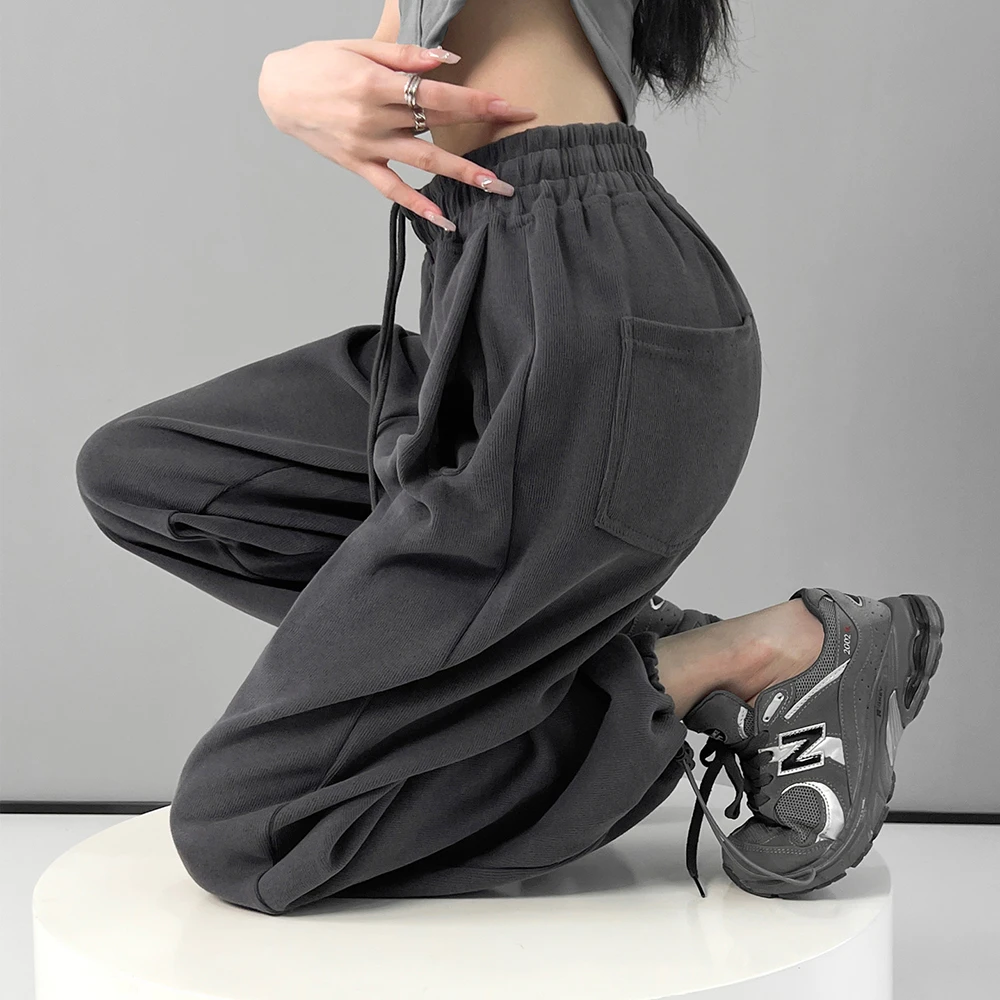 动感少女潮流百搭美式灰色运动裤女秋冬季加绒宽松高腰阔腿休闲裤