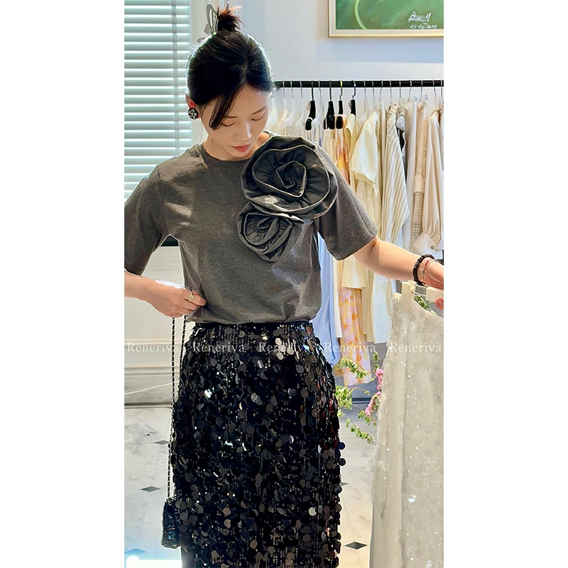 ReneRiva买手店 Riva 优雅繁花似锦手工花T恤短袖