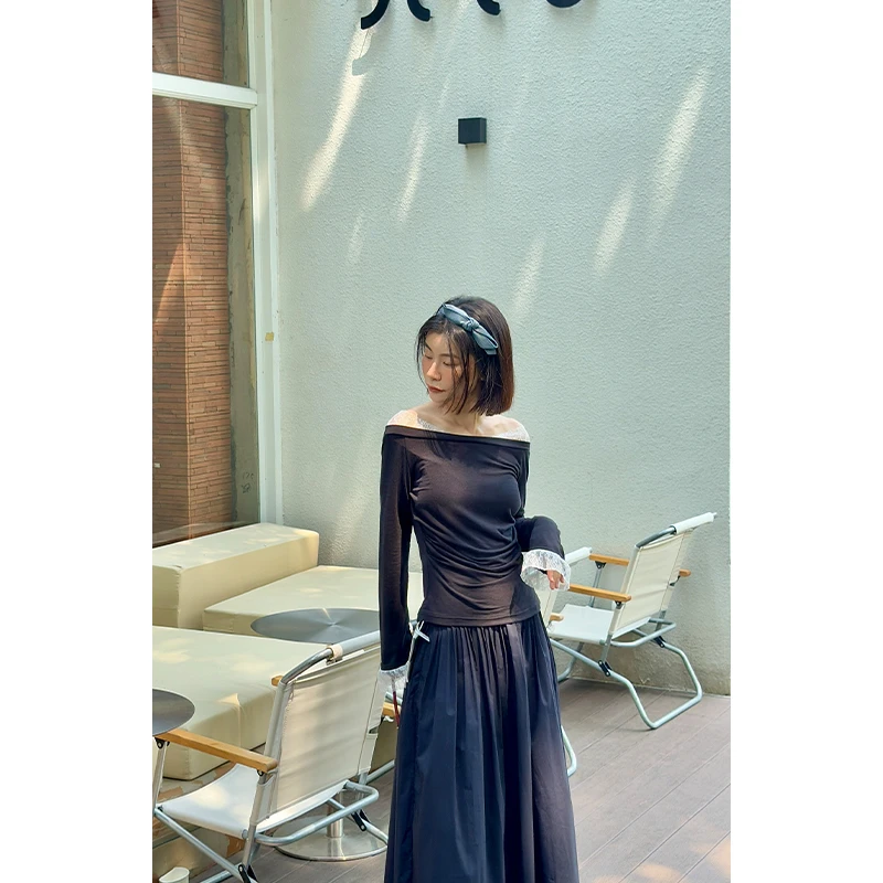 ReneRiva买手店 AtelierMissLu蕾丝拼接一字肩弹力上衣