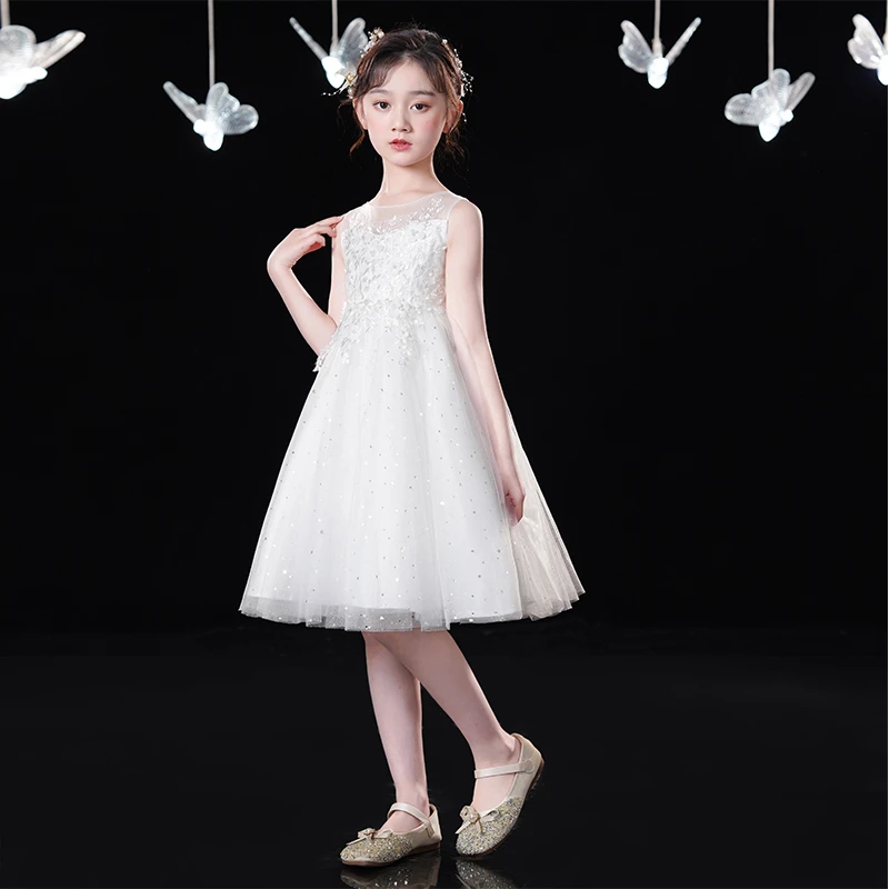 儿童礼服公主裙白色蓬蓬纱小女孩主持人花童走秀演出服女童连衣裙