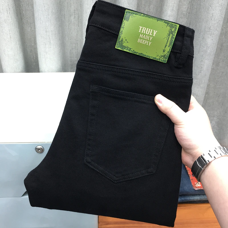 高端轻奢黑色牛仔裤男宽松直筒夏季薄款潮流弹力修身休闲小脚长裤