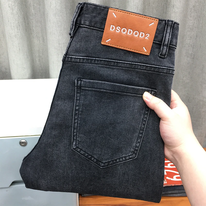 夏季超薄款牛仔裤男欧洲站做旧潮流弹力修身小脚烟灰色长裤