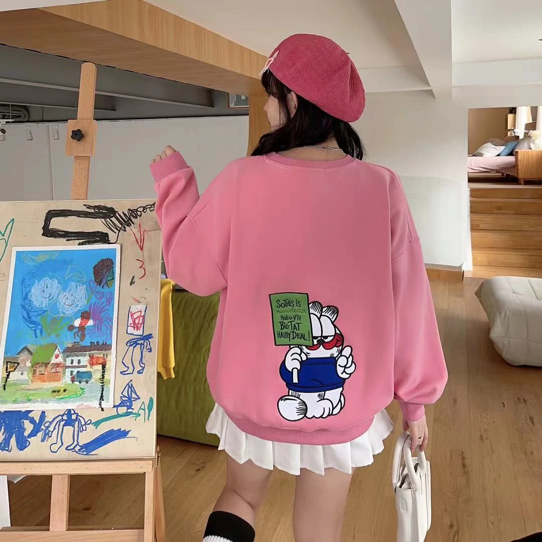 136加绒圆领卡通加菲猫刺绣宝宝绒百搭时尚休闲卫衣小个子秋冬秋