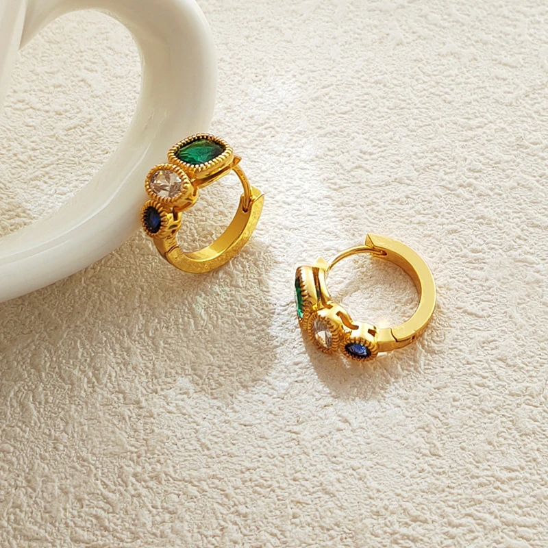 铜合金合成锆石耳饰 9183复古撞色锆石几何耳扣宫廷风设计感耳环