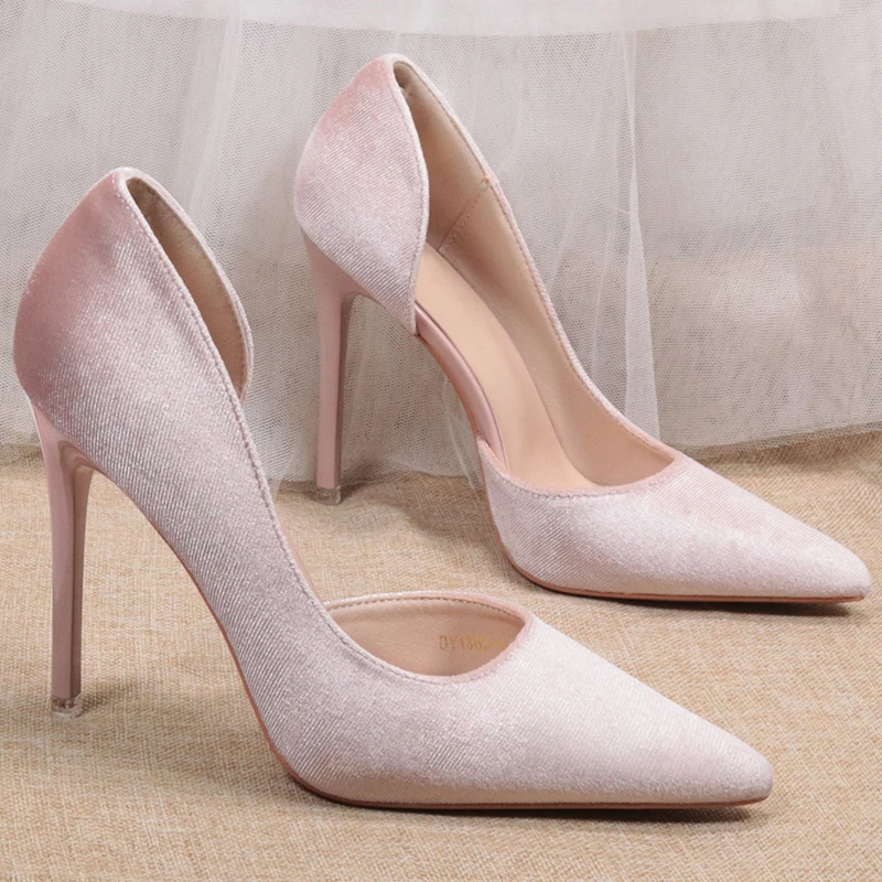 尖头细跟高跟鞋性感侧空粉红色西施绒伴娘鞋宴会浅口单鞋1363/6