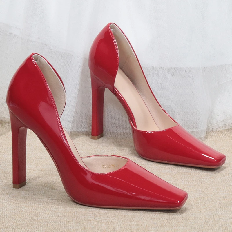 时尚小方头漆皮高跟鞋性感侧空粗跟浅口单鞋宴会鞋红色婚鞋3275/1