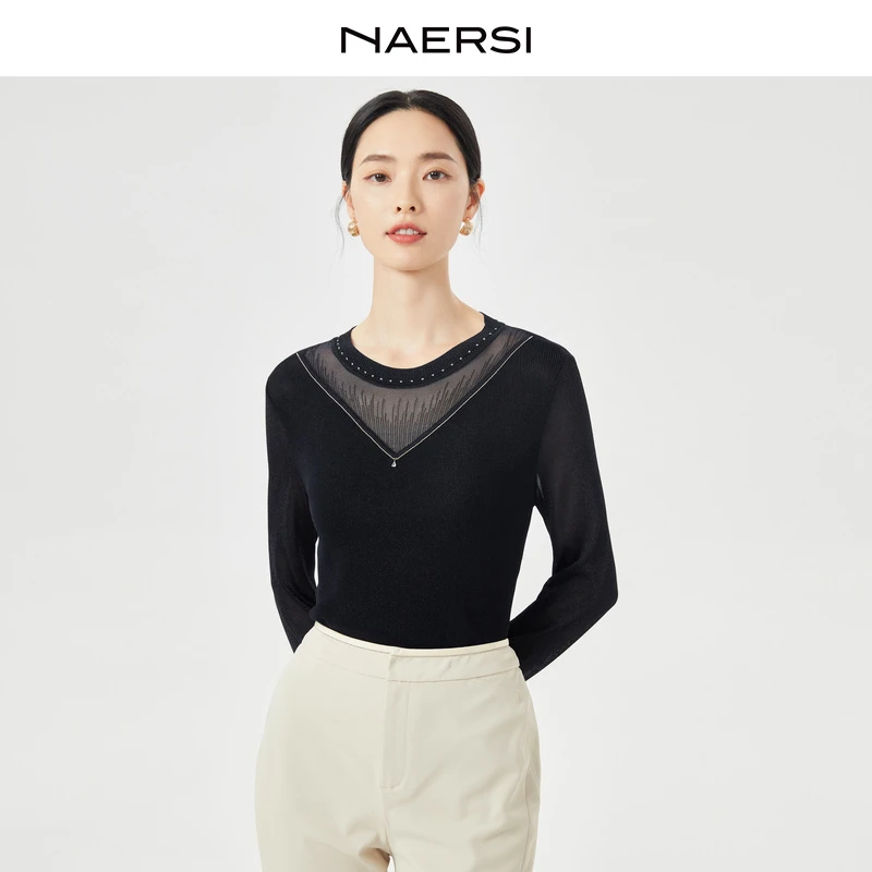 娜尔思秋冬拼接套头长袖时尚百搭黑色圆领针织衫NZ03374Q7