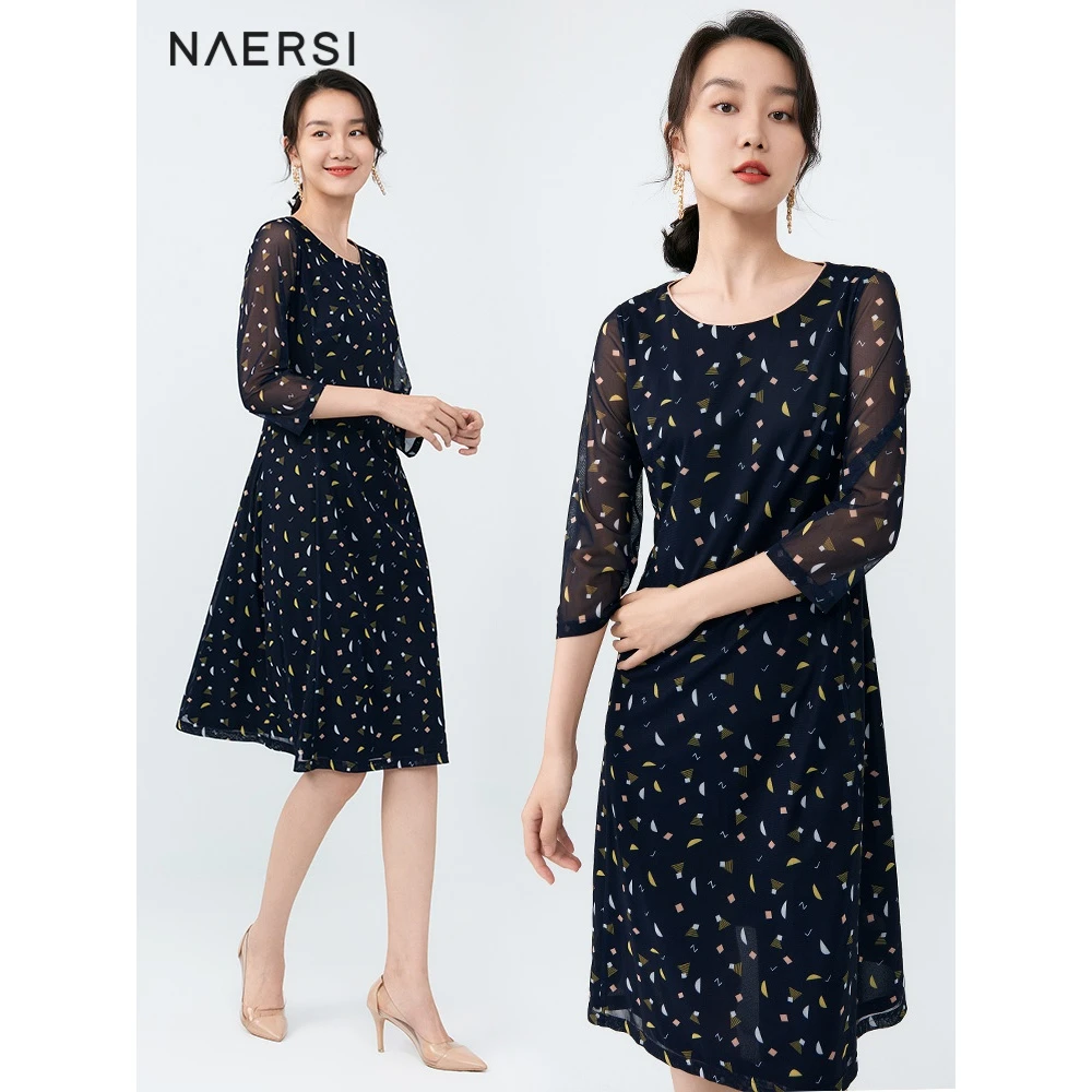 【NAERSI】娜尔思波点碎花圆领时尚中长裙印花连衣裙NF06032Q4