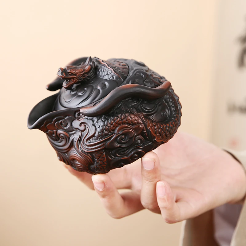 紫陶创意飞龙手抓壶大容量纯手工堆雕复古陶瓷旅行功夫茶具泡茶壶