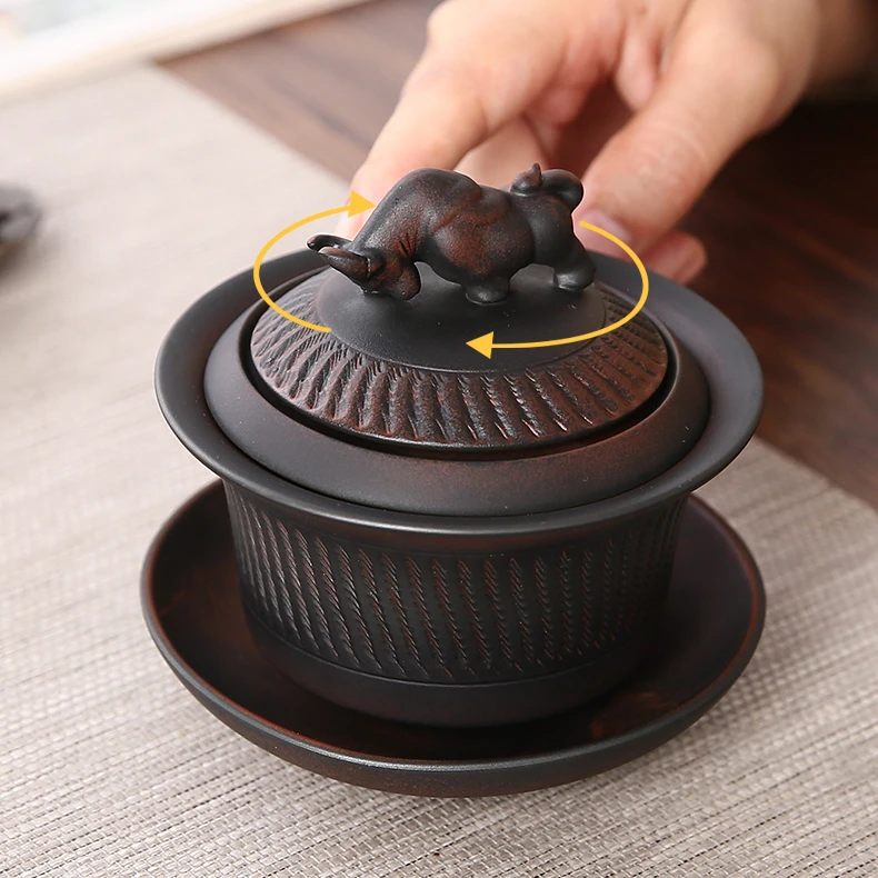 高档防烫云南带盖 复古紫陶三才盖碗 旋转盖碗牛转乾坤茶碗大容量