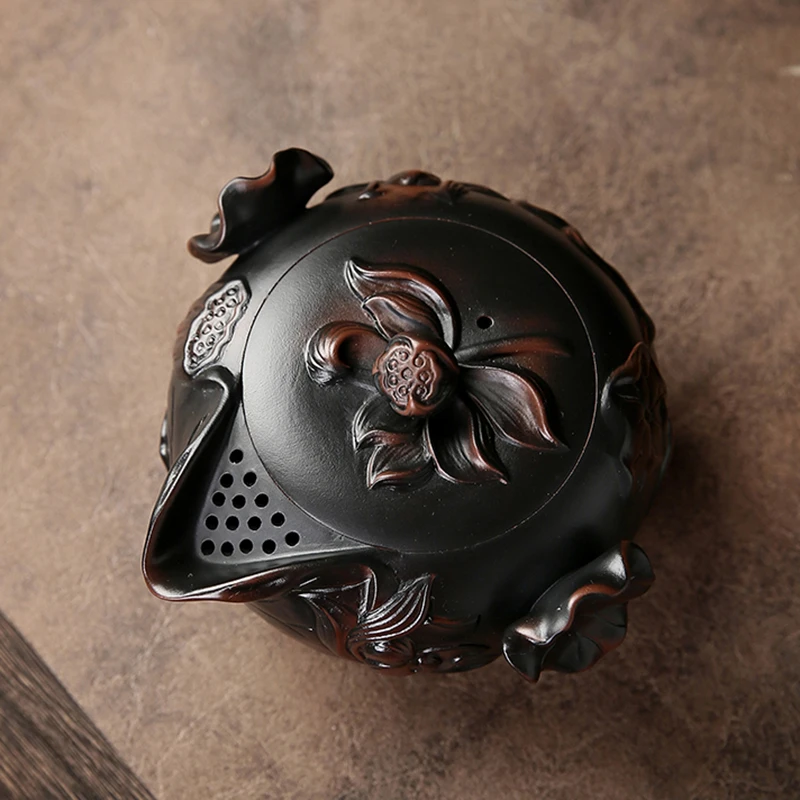 紫陶茶壶单壶浮雕紫泥纯手工泡茶建水紫砂壶功夫茶具手抓壶盖碗杯