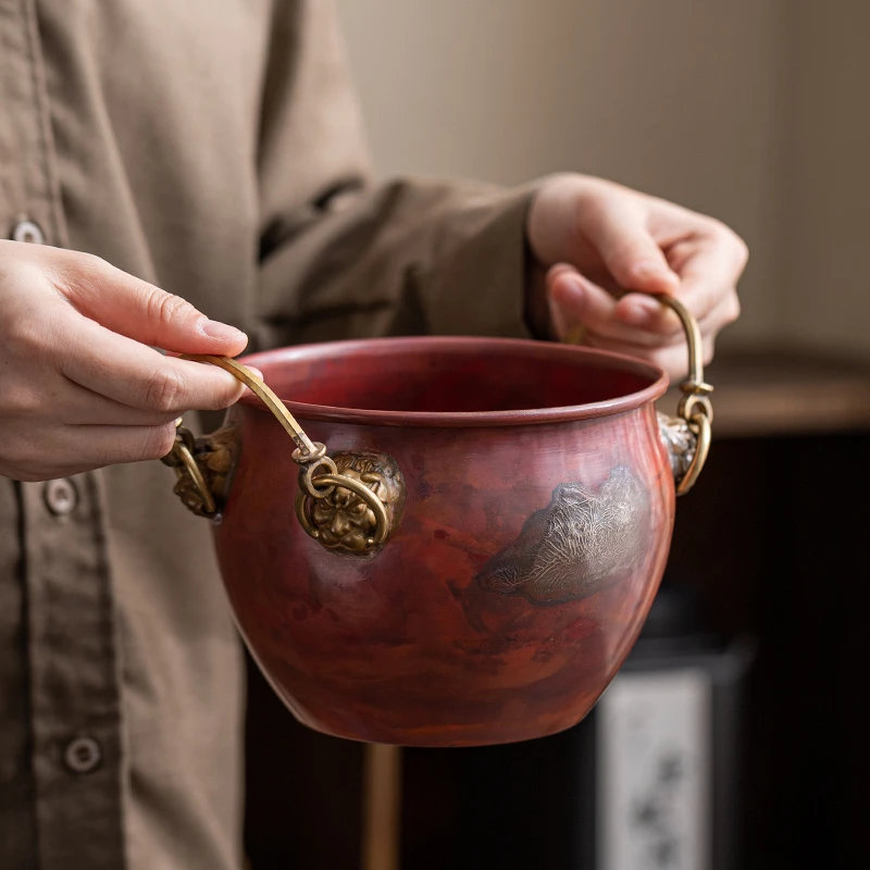紫铜双狮耳茶水缸平底供炉香道茶道茶具茶杯大缸室内家用禅意香炉