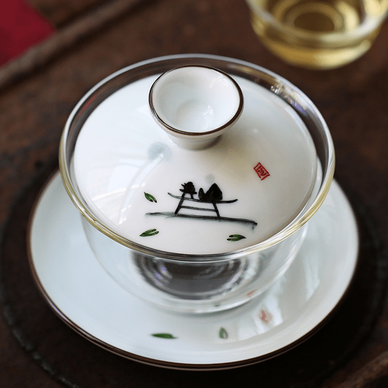 陶瓷手绘盖碗茶杯耐热玻璃三才碗功夫茶具敬茶碗白瓷泡茶器包邮