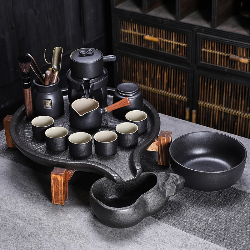 路宝时来转转懒人自动功夫茶具复古家用石磨茶盘茶具套装紫砂茶壶