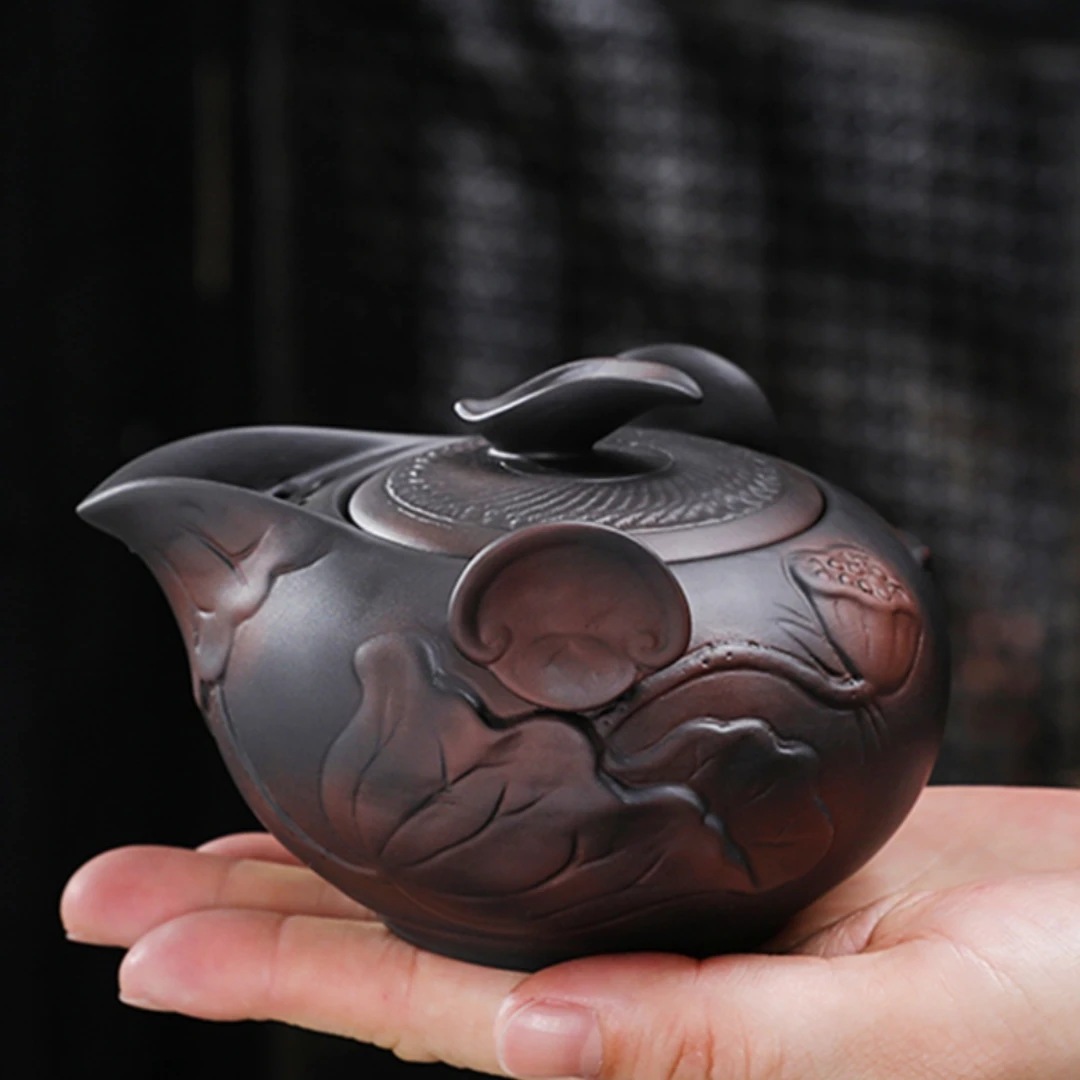 紫陶茶壶单壶浮雕紫泥纯手工泡茶建水紫砂壶功夫茶具手抓壶盖碗杯