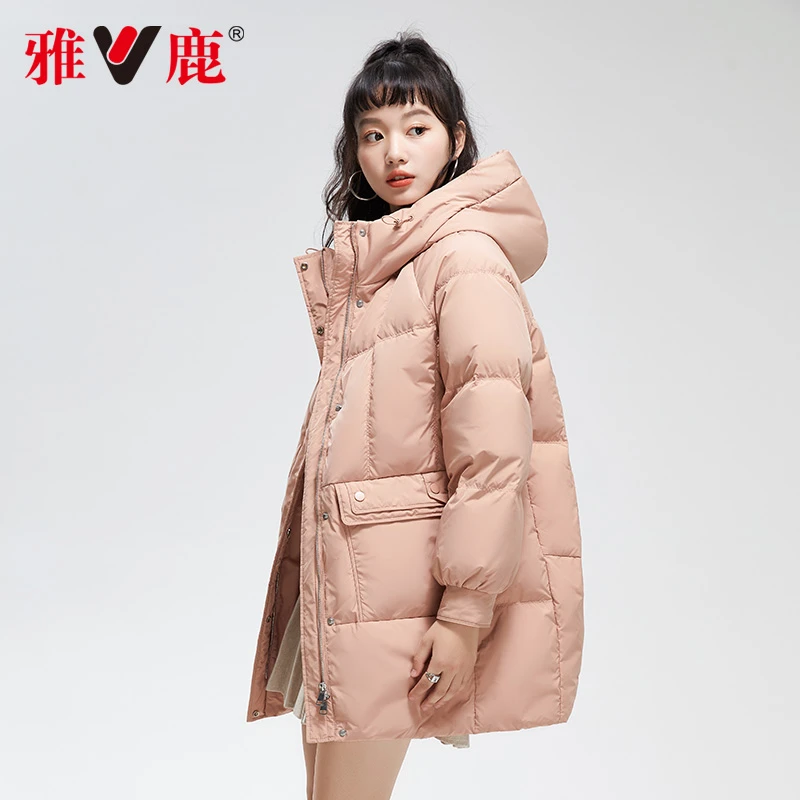 雅鹿官方旗舰店羽绒服女冬季中长款时尚休闲连帽防风鸭绒保暖外套