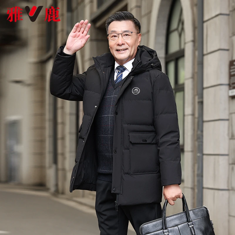 雅鹿中老年加绒男士冬季新款连帽保暖商务休闲黑色外套秋冬酷飒