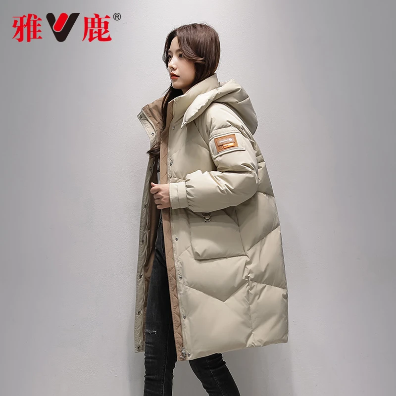 雅鹿官方旗舰店中长款加厚女款冬季防风保暖连帽90鸭绒冬装外套