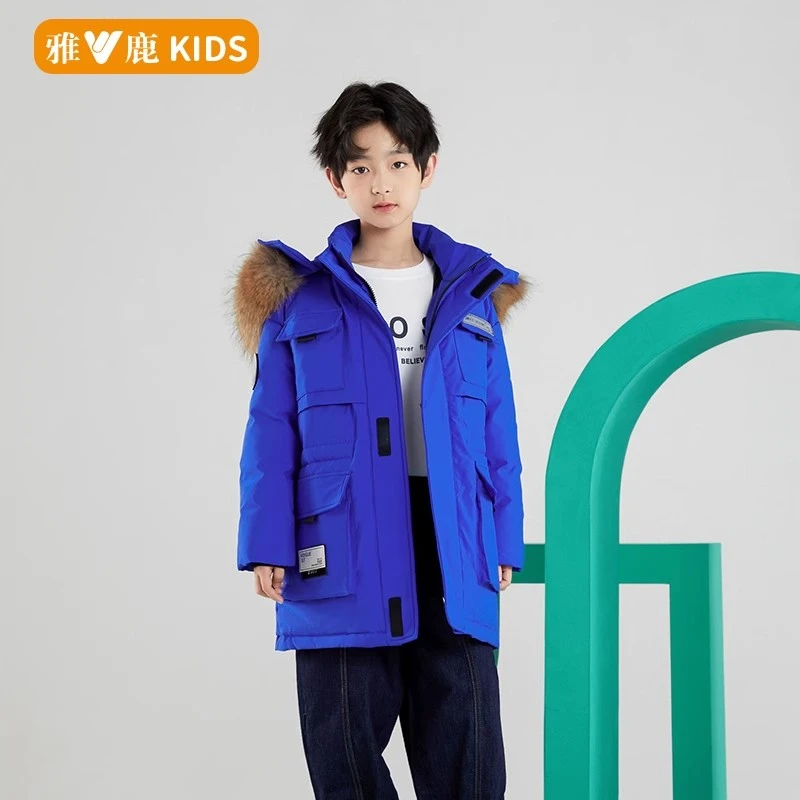 雅鹿中长款儿童羽绒服冬季貉子毛领防风保暖纯色百搭中大童厚外套