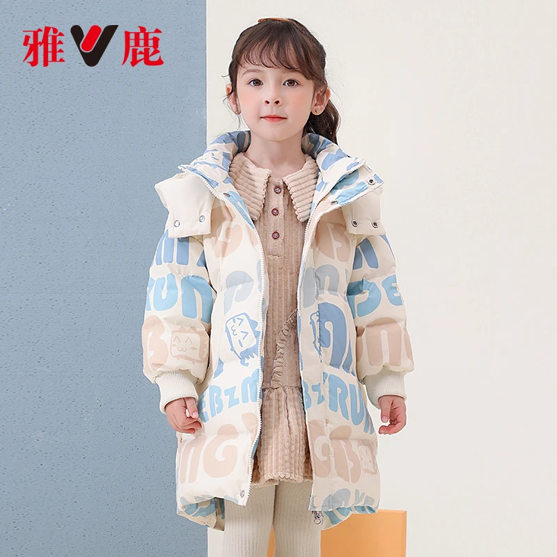 雅鹿儿童羽绒服冬季新款男女童中长款连帽可爱卡通字母中小童外套