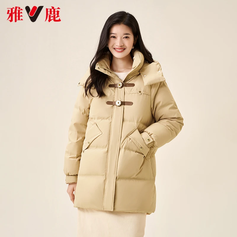 雅鹿中长款羽绒服女2024年秋冬新款时尚潮流保暖连帽加厚休闲运动
