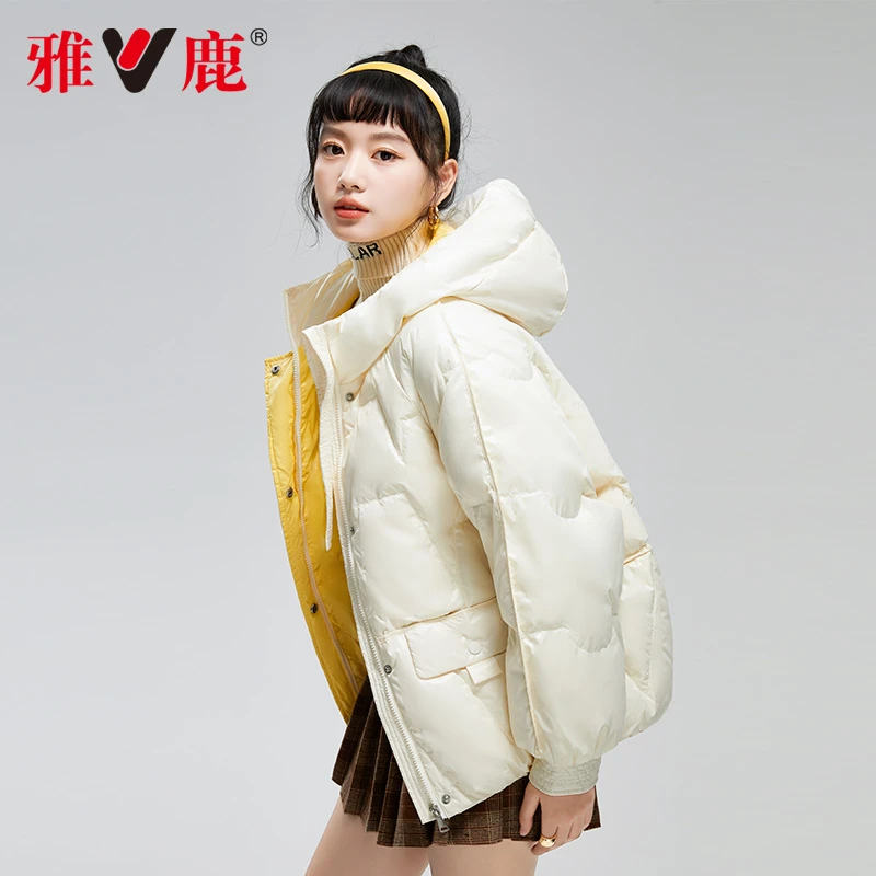 雅鹿官方短款羽绒服女长款羽绒服小个子百搭连帽时尚保暖白色外套